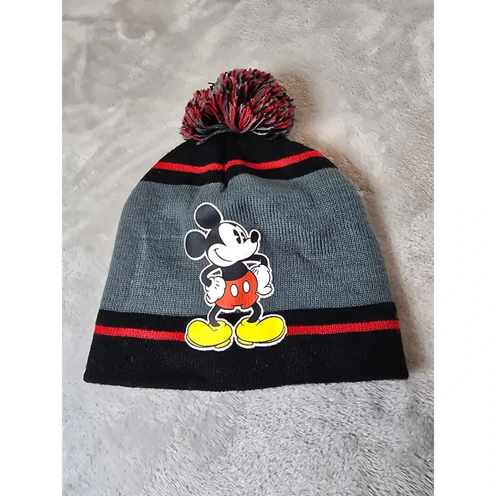 Disney Mickey Mouse Boys Pom Beanie Hat Gray‎ Black Red Kids Winter Cap